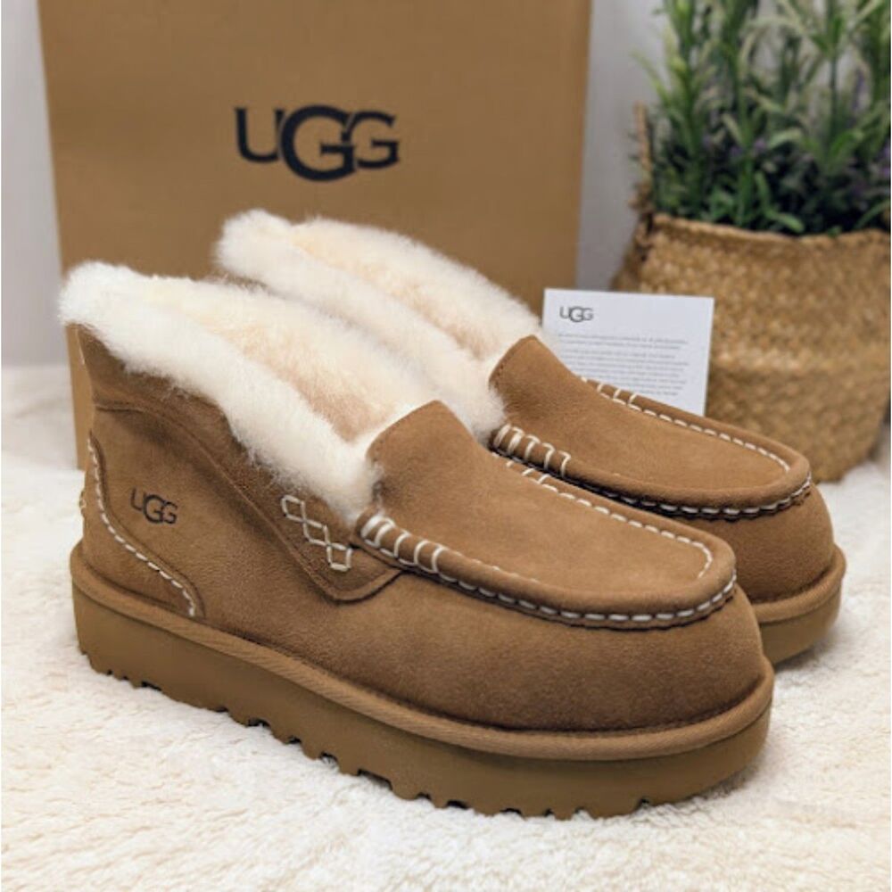 UGG Chestnut Brown Ansley Parc Suede & Shearling Slipper Shoes Women's 9 NIB